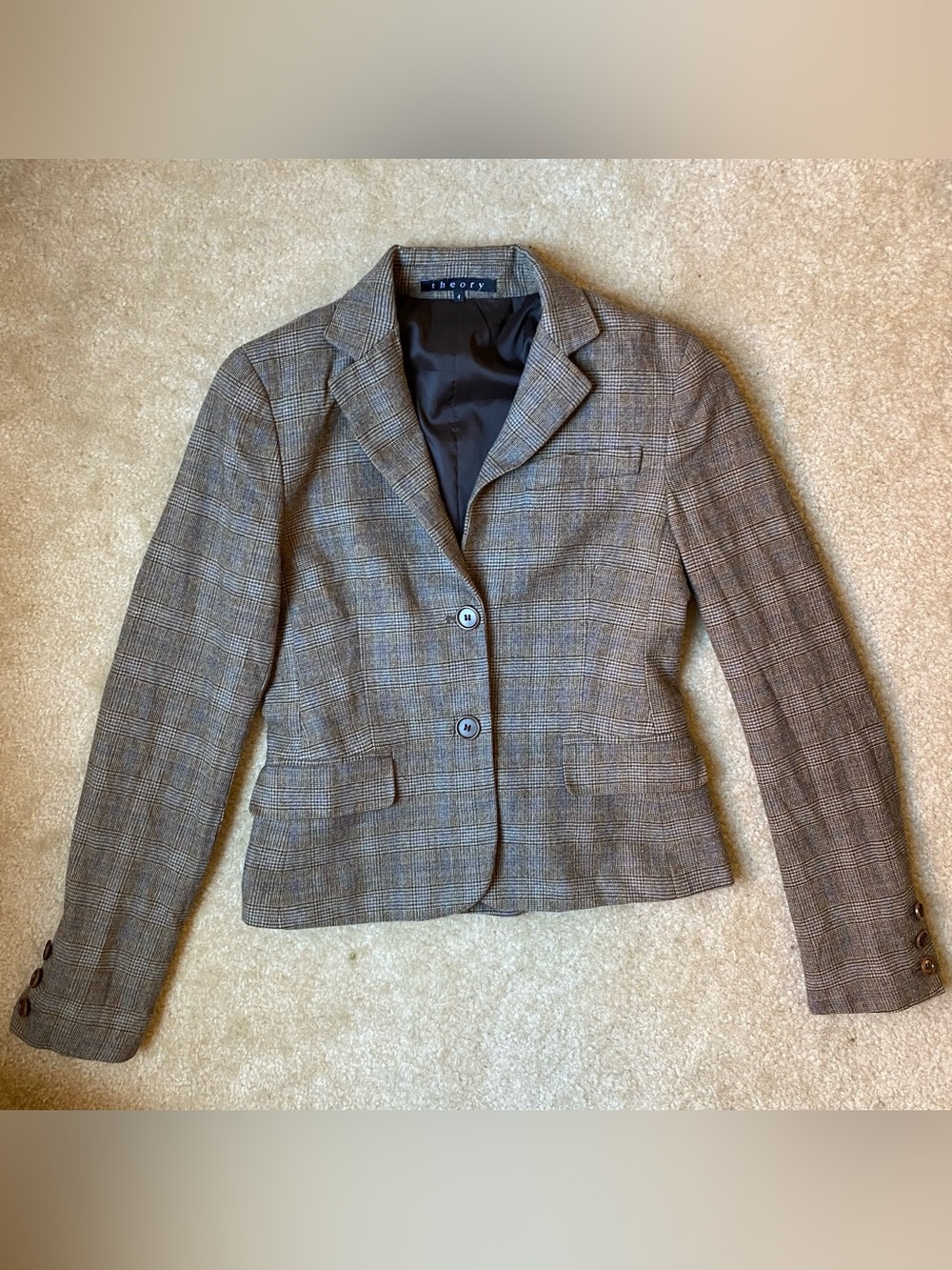 Theory Tan and Brown Preppy Glen Plaid Wool Blazer Size 4 (S) Fall Autumn School